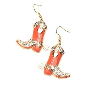 14k Gold Plated Western CORAL Boot Earrings Cowgirl Dangle Rhinestones Rodeo